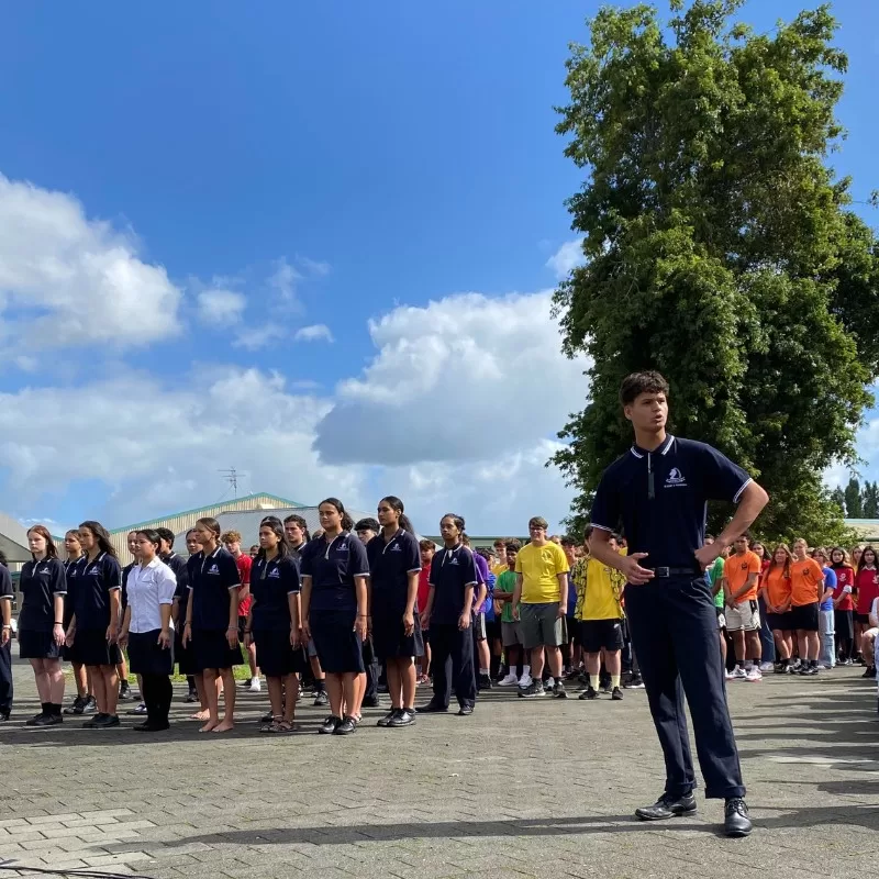 Homestay students being welcomed to Pakūranga College with a pōwhiri
